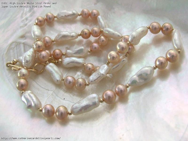  High Lustre White Stick Keshi and Super Lustre Metallic Pinkish Round Freshwater Pearl Necklace