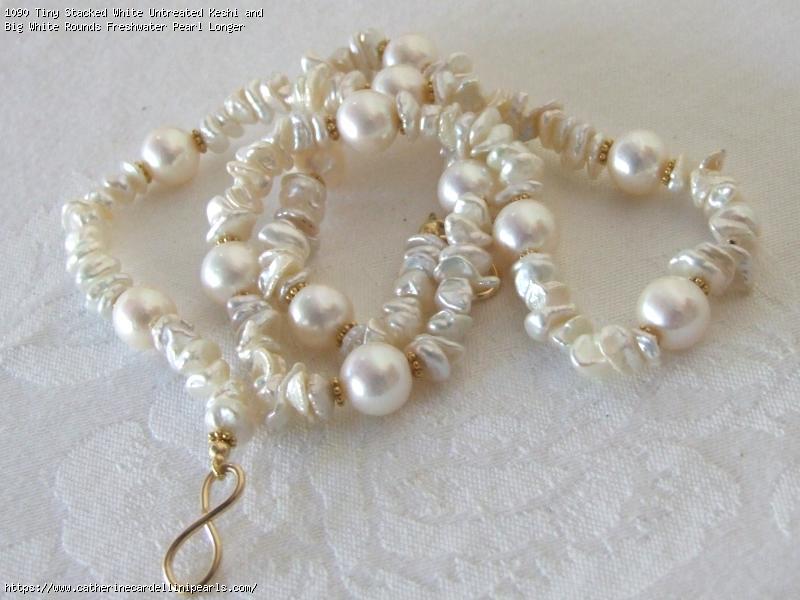 Tiny Stacked White Untreated Keshi and Big White Rounds Freshwater Pearl Longer Necklace and Earring Set