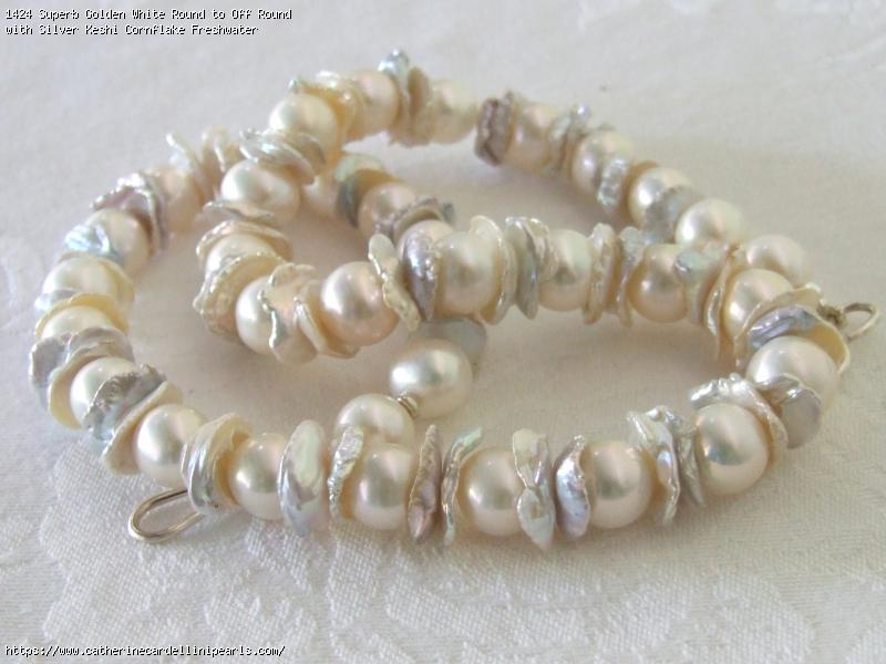 Superb Golden White Round to Off Round with Silver Keshi Cornflake Freshwater Pearl Necklace 