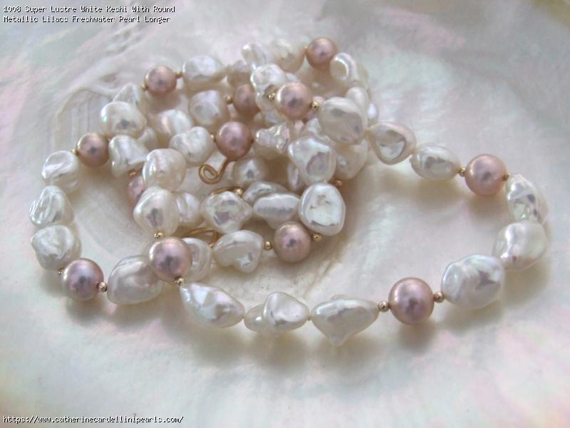 Super Lustre White Keshi With Round Metallic Lilacs Freshwater Pearl Longer Necklace