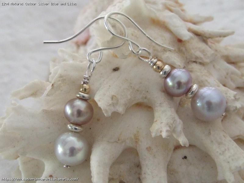 Natural Colour Silver Blue and Lilac Freshwater Pearl Drop Earrings