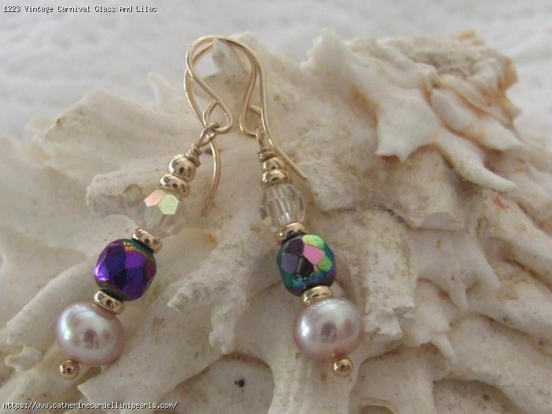 Vintage Carnival Glass And Lilac Freshwater Pearl Button Drop Earrings