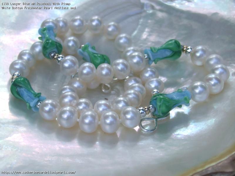 Longer Blue AH Rosebuds With Plump White Button Freshwater Pearl Necklace and Earring Set