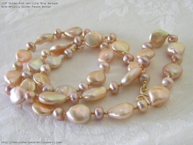 Golden Pink and Lilac Drop Baroque With Metallic Golden Purple Button Freshwater Pearl Longer Necklace