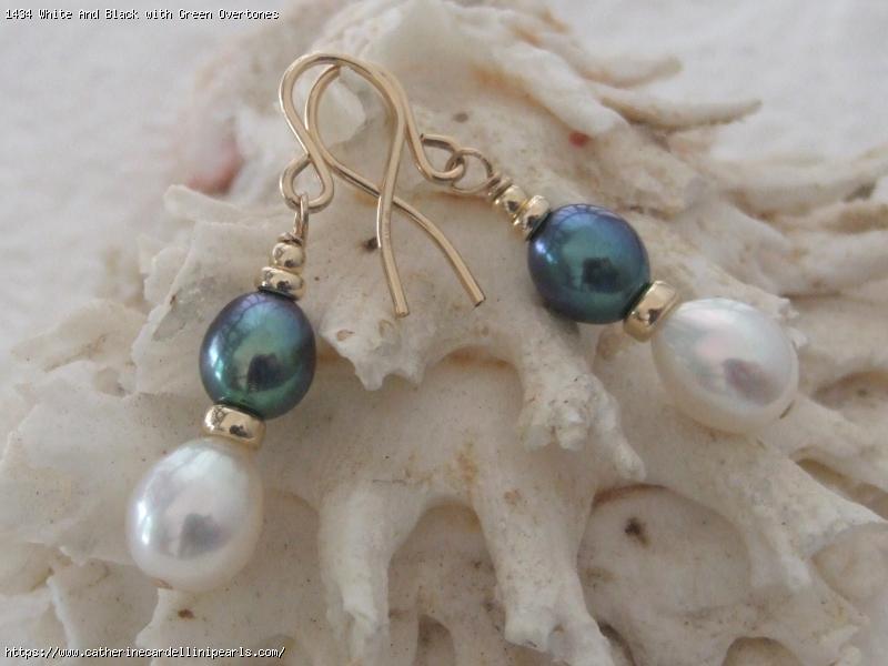 White And Black with Green Overtones Rice Freshwater Pearl Drop Earrings
