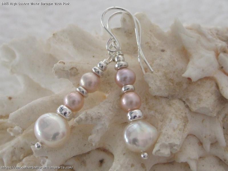 High Lustre White Baroque With Pink Lilac Button Freshwater Pearl Earrings