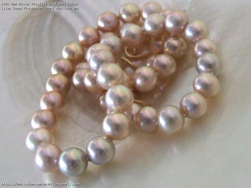 8mm Mirror Metallic Graduated Colour Lilac Round Freshwater Pearl Necklace and Earring Set