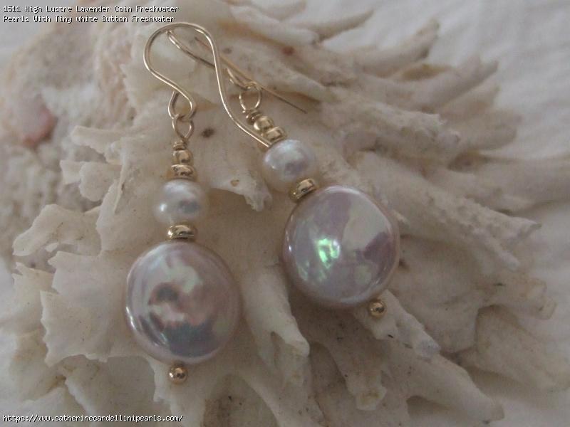 High Lustre Lavender Coin Freshwater Pearls With Tiny white Button Freshwater Pearl Earrings