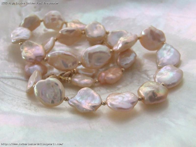 High Lustre Golden Pink Freshwater Pearl Keshi Necklace and Earring Set