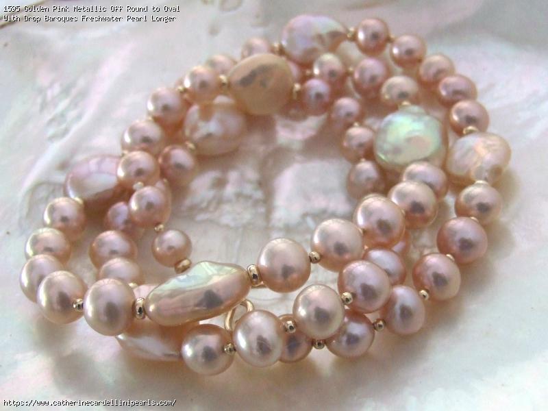 Golden Pink Metallic Off Round to Oval With Drop Baroques Freshwater Pearl Longer Necklace