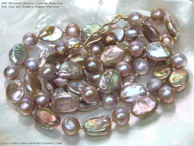 Untreated Metallic Lavender Pondslime Oval Coin and Shimmery Rounded Character Baroque Freshwater Pearl Rope