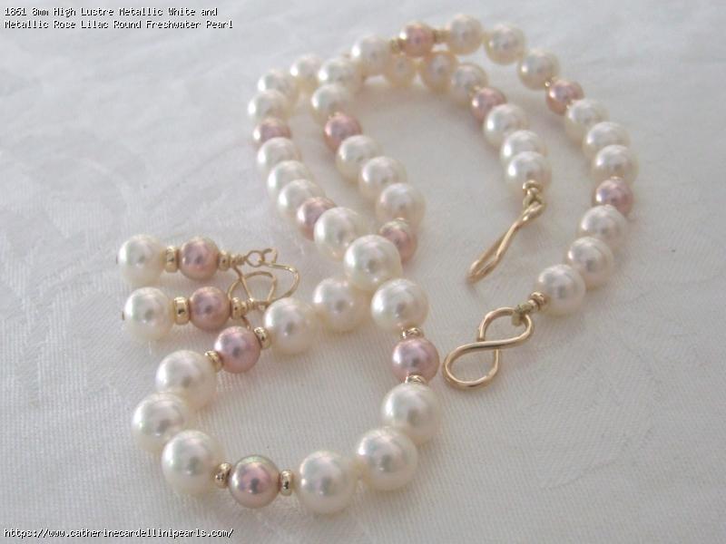 8mm High Lustre Metallic White and Metallic Rose Lilac Round Freshwater Pearl Necklace and Earring Set