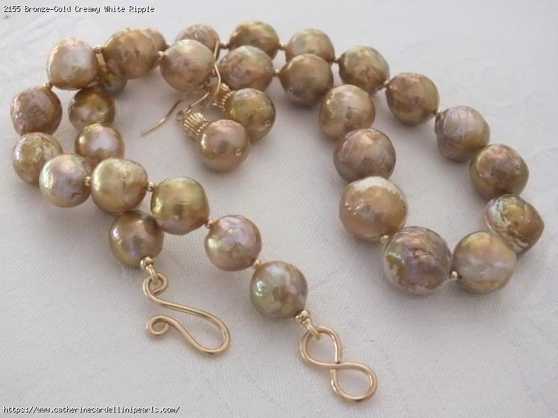 Bronze-Gold Creamy White Ripple Freshwater Pearl Necklace and Earring Set