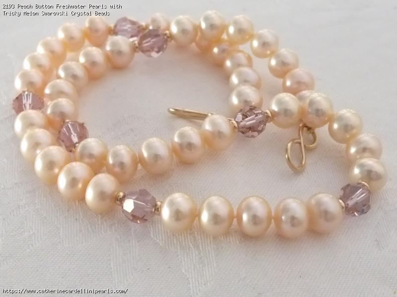 Peach Button Freshwater Pearls with Tricky Melon Swarovski Crystal Beads Necklace