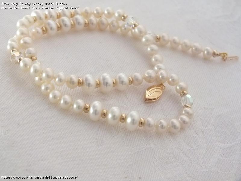 Very Dainty Creamy White Button Freshwater Pearl With Vintage Crystal Beads Necklace