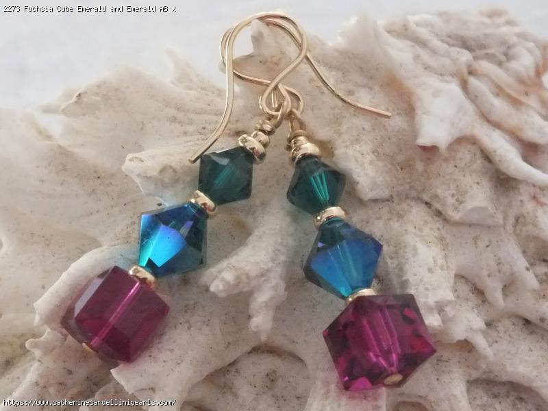Fuchsia Cube Emerald and Emerald AB x 2 Swarovski Crystal Earrings