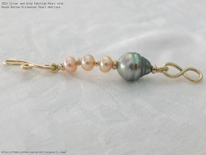 Silver and Grey Tahitian Pearl with Peach Button Freshwater Pearl Necklace Extender