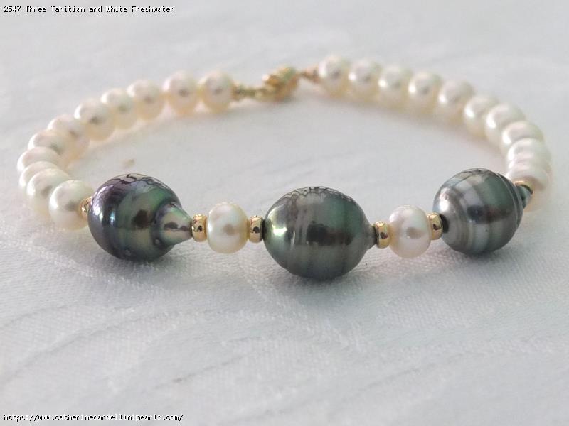 Three Tahitian and White Freshwater Button Pearl Bracelet