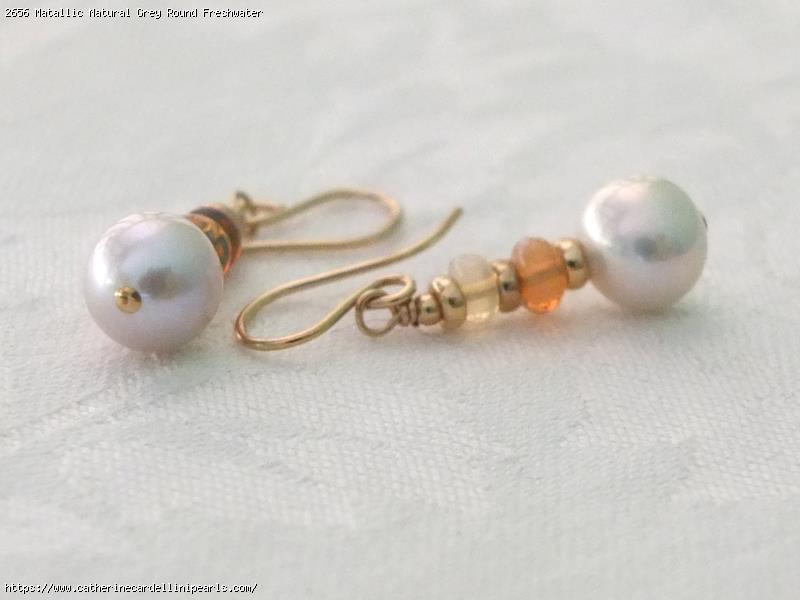 Matallic Natural Grey Round Freshwater Pearl and Ethiopian Opal Rondelle Earrings
