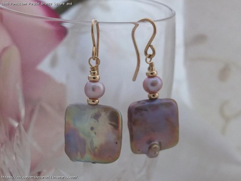 Pondslime Purple Bronze Square and Tiny Oval Freshwater Pearl Earrings