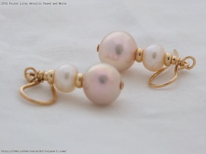 Pastel Lilac Metallic Round and White Button Freshwater Pearl Earrings