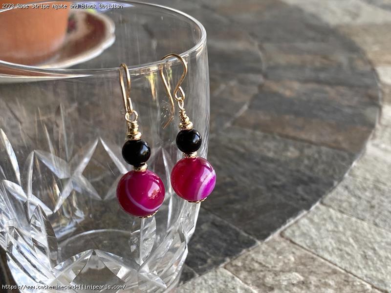 Rose Stripe Agate and Black Obsidian Earrings