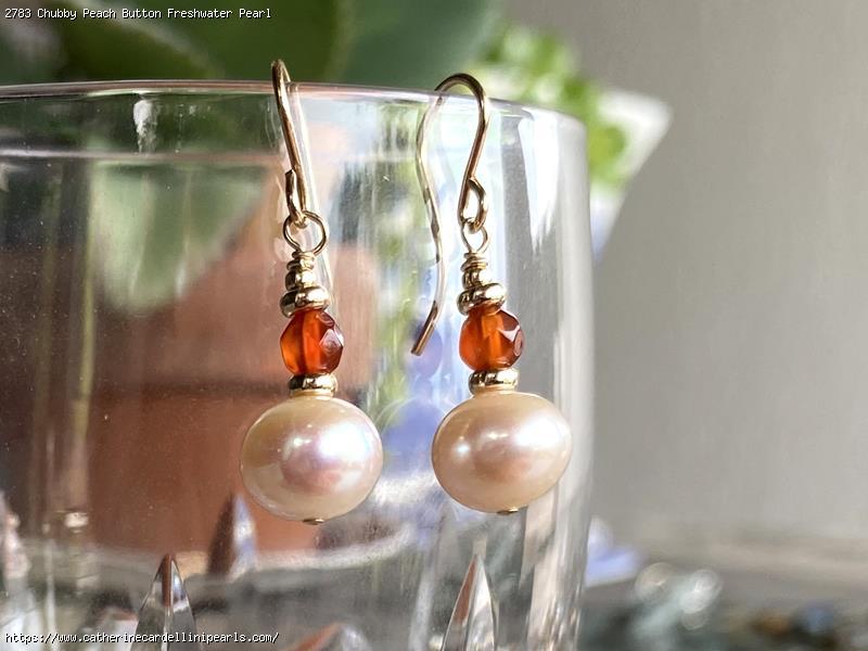 Chubby Peach Button Freshwater Pearl with Carnelian Earrings