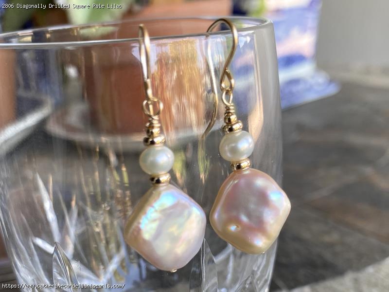 Diagonally Drilled Square Pale Lilac Freshwater Pearl Earrings