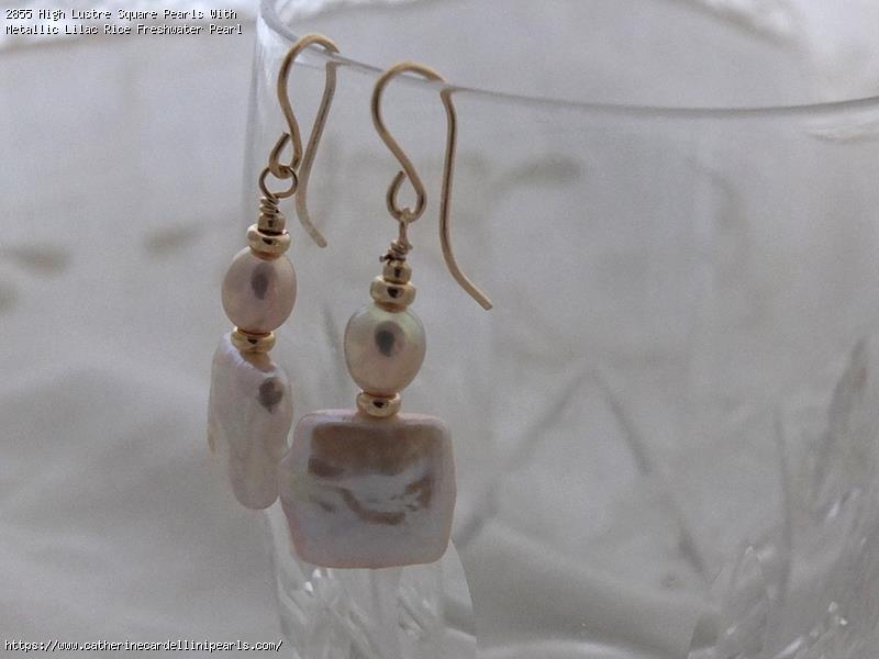 High Lustre Square Pearls With Metallic Lilac Rice Freshwater Pearl Earrings 