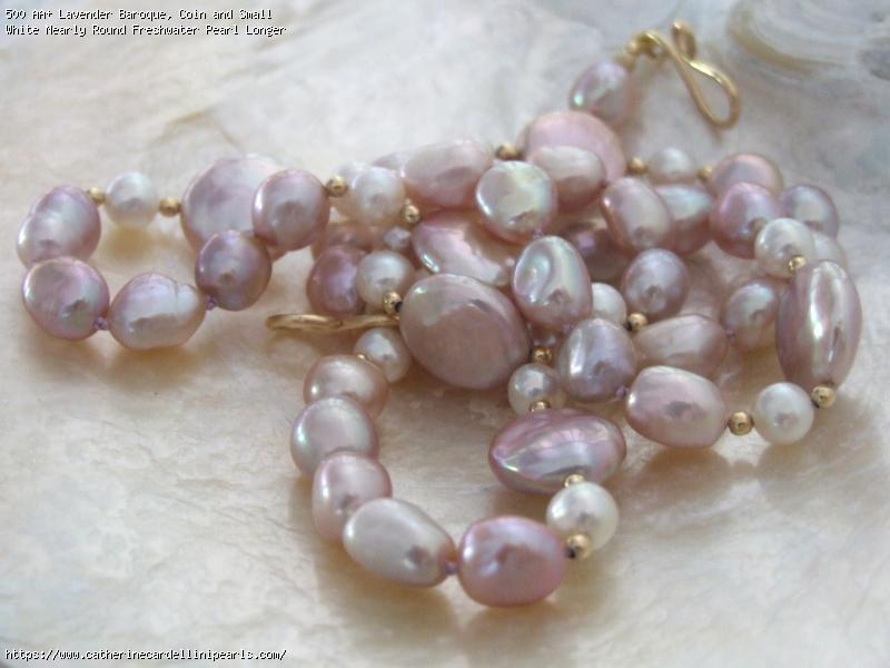 AA+ Lavender Baroque, Coin and Small White Nearly Round Freshwater Pearl Longer Necklace