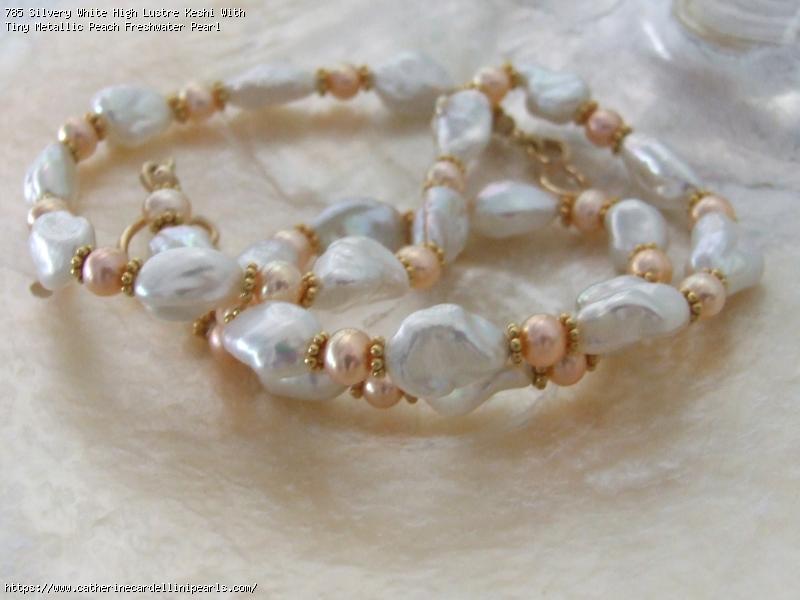 Silvery White High Lustre Keshi With Tiny Metallic Peach Freshwater Pearl Necklace 