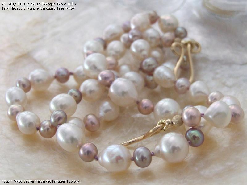 High Lustre White Baroque Drops with Tiny Metallic Purple Baroques Freshwater Pearl Necklace