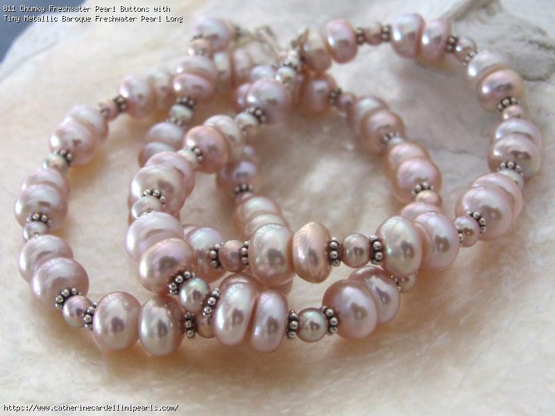 Chunky Freshwater Pearl Buttons with Tiny Metallic Baroque Freshwater Pearl Long Necklace