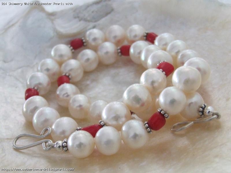Shimmery White Freshwater Pearls with Tiny Red Coral Necklace