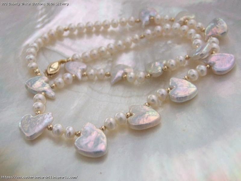 Dainty White Buttons With Silvery Hearts Freshwater Pearl Necklace
